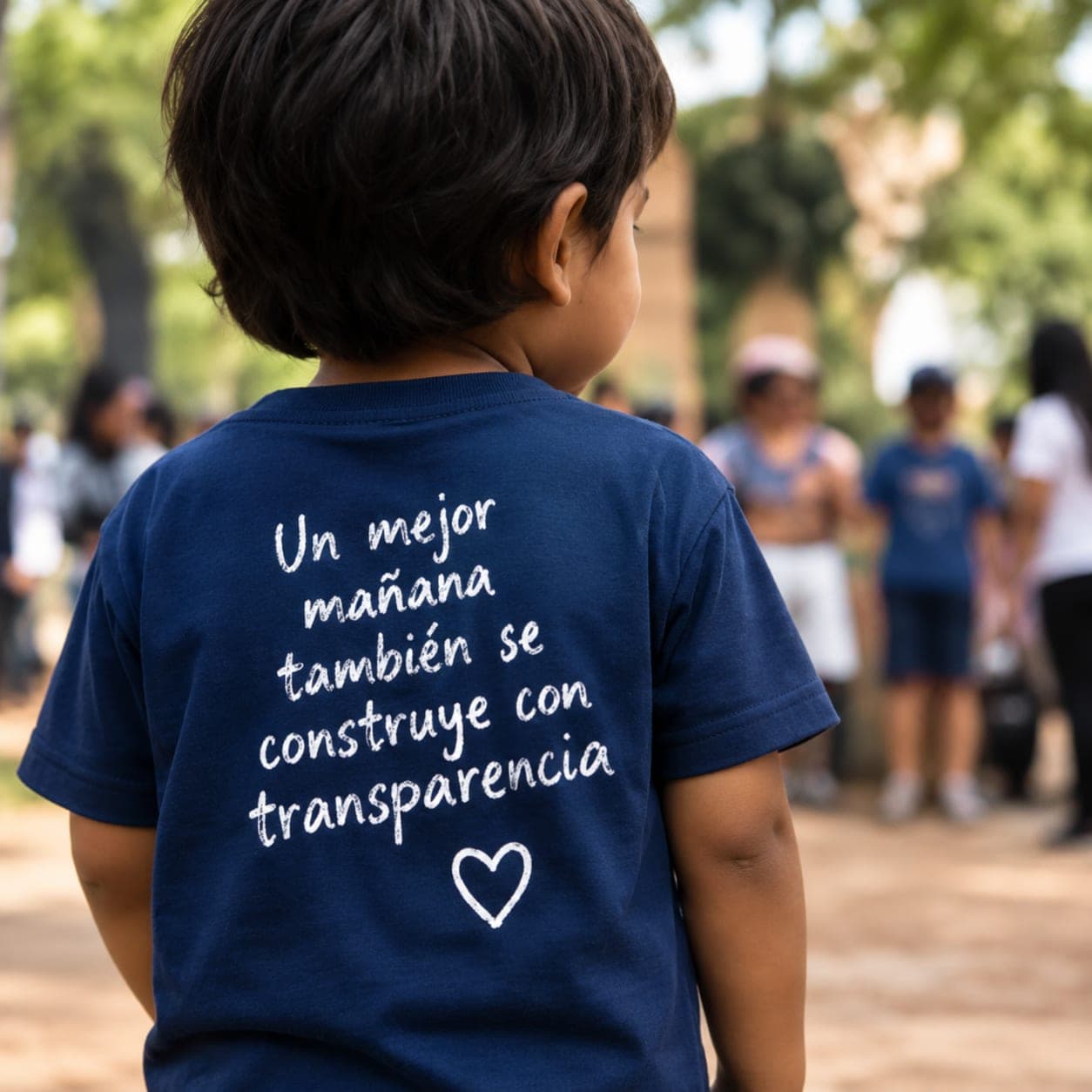 Niño de espaldas con una camiseta que dice Un mejor mañana también se construye con transparencia