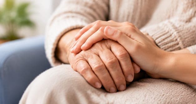 Mani di una persona anziana tra quelle di un'altra persona