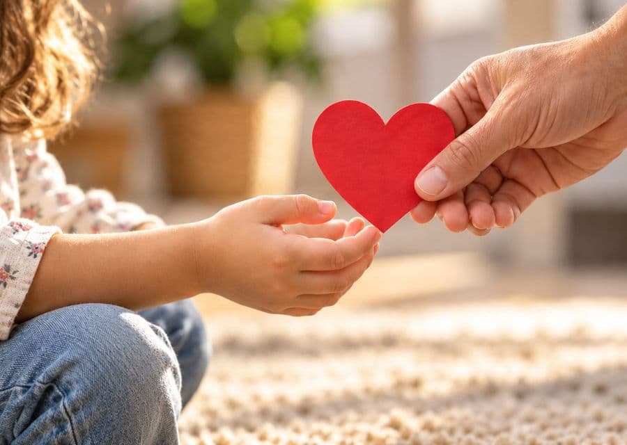 Una mano adulta entrega un corazón rojo de papel a una niña