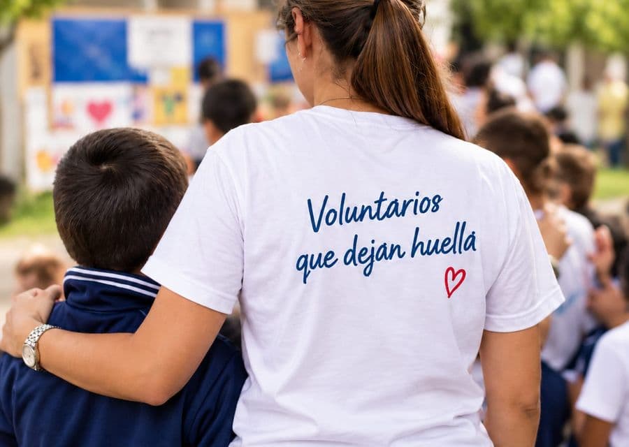 Voluntaria de espaldas abraza a un niño; su camiseta dice Voluntarios que dejan huella