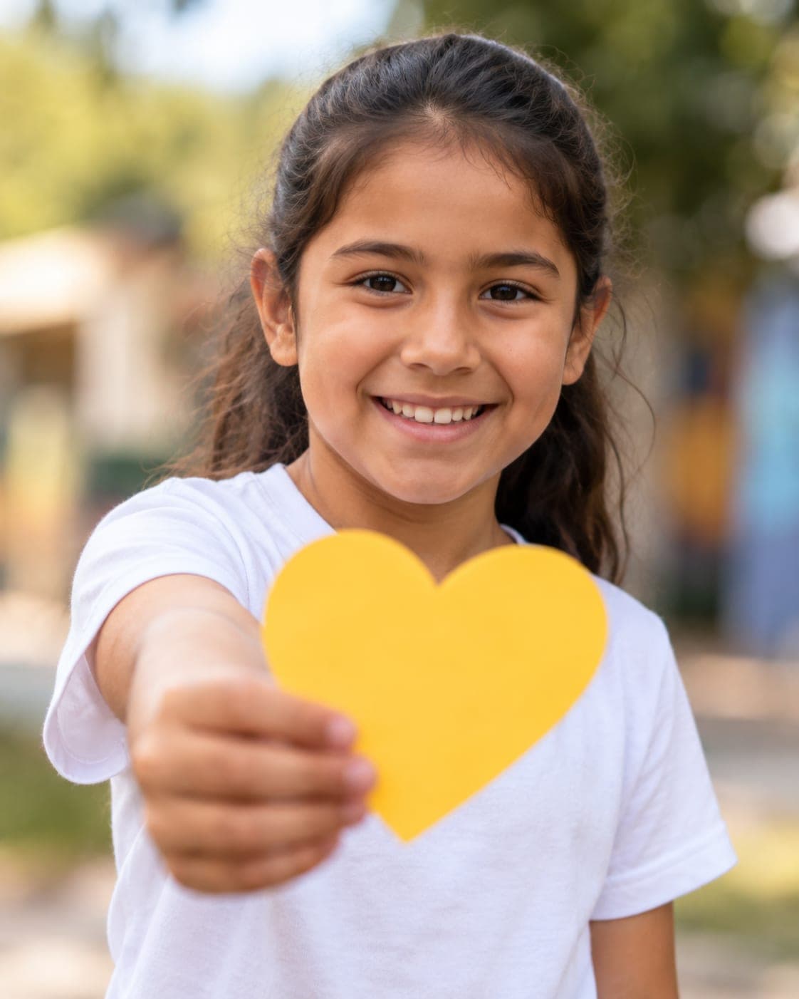 Niña sonriente ofrece un corazón amarillo de papel