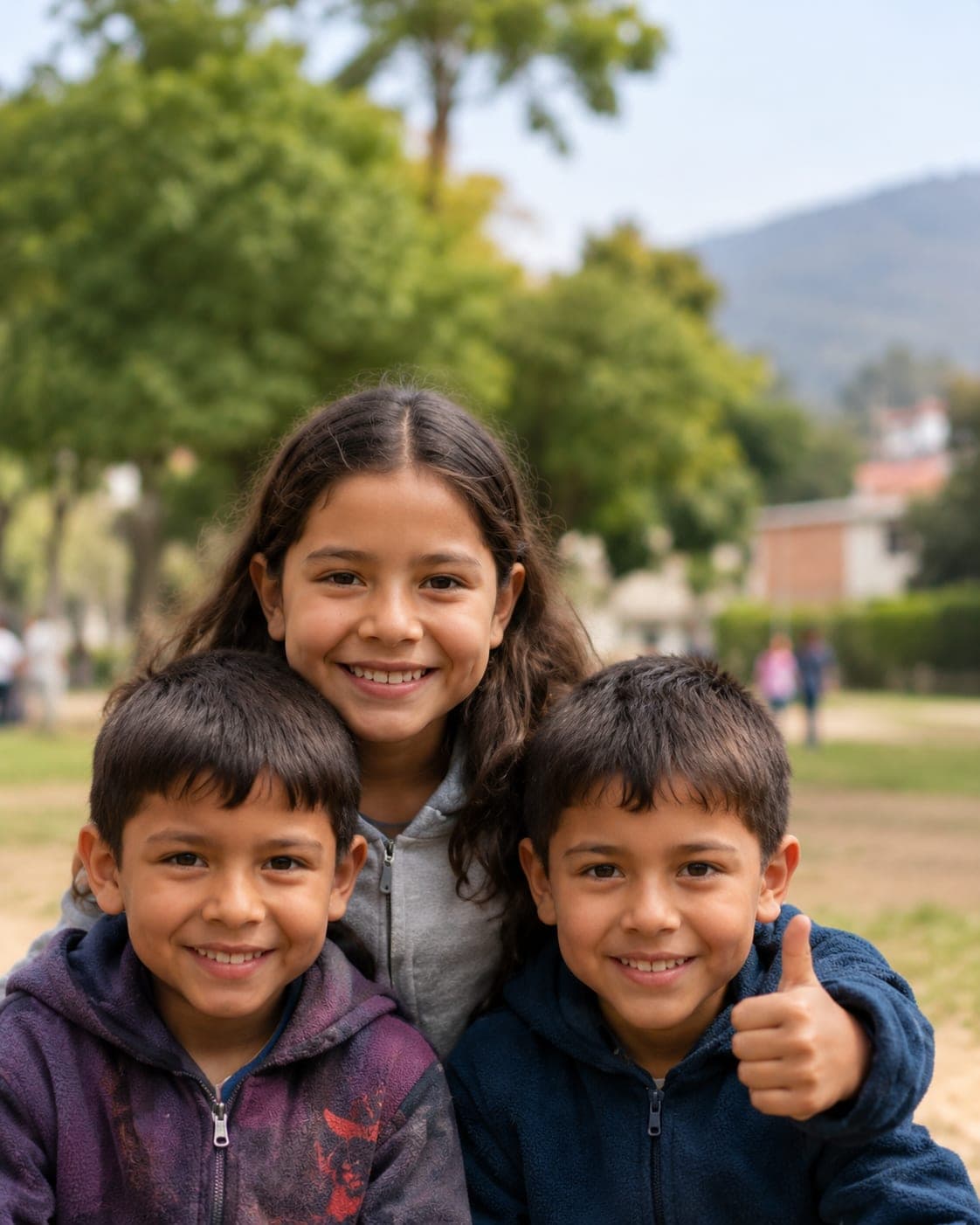 Una niña y dos niños sonríen; uno levanta el pulgar