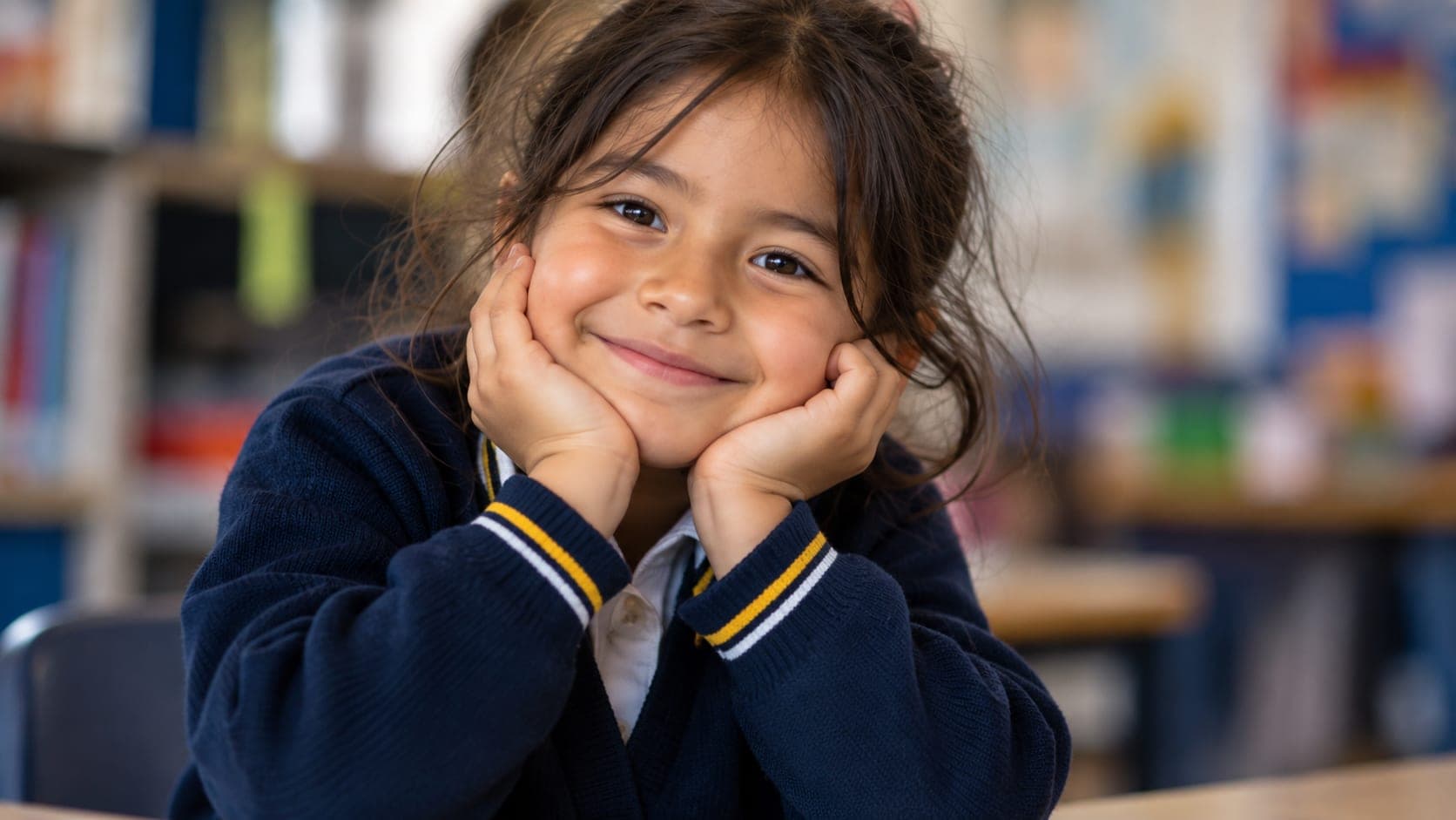 Niña sonriente con uniforme escolar apoya la cara en las manos