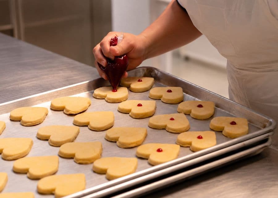 Galletas en forma de corazón decoradas a mano en la fábrica Corazones de Cazucá