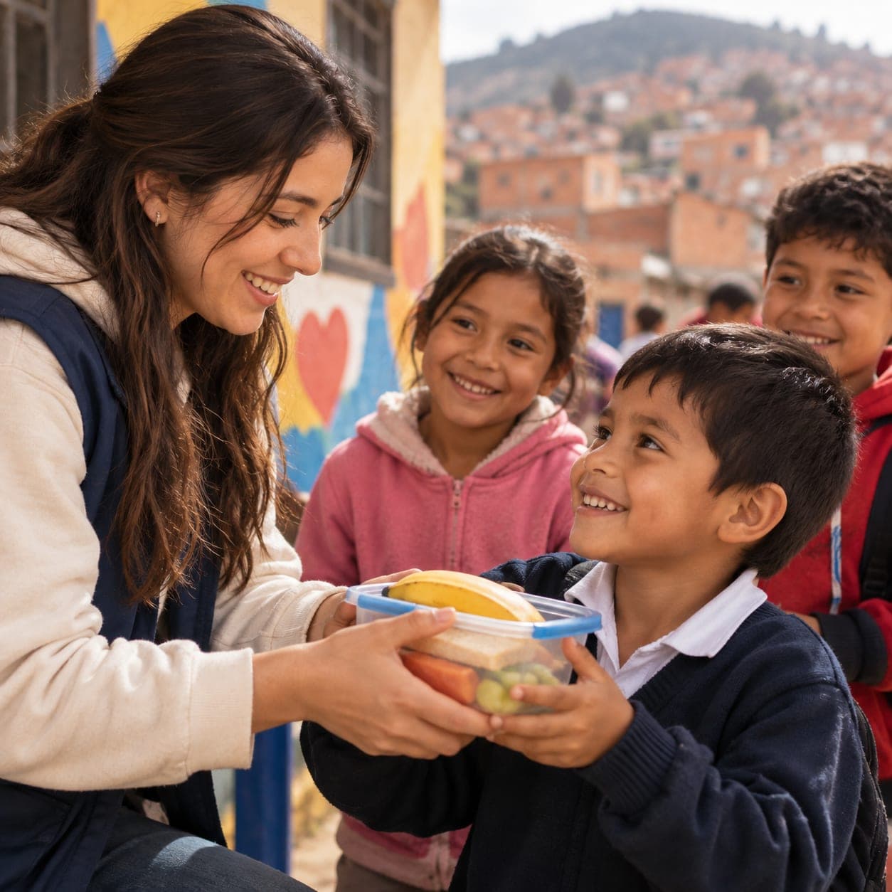 Una voluntaria entrega una merienda a un niño, rodeados de otros niños