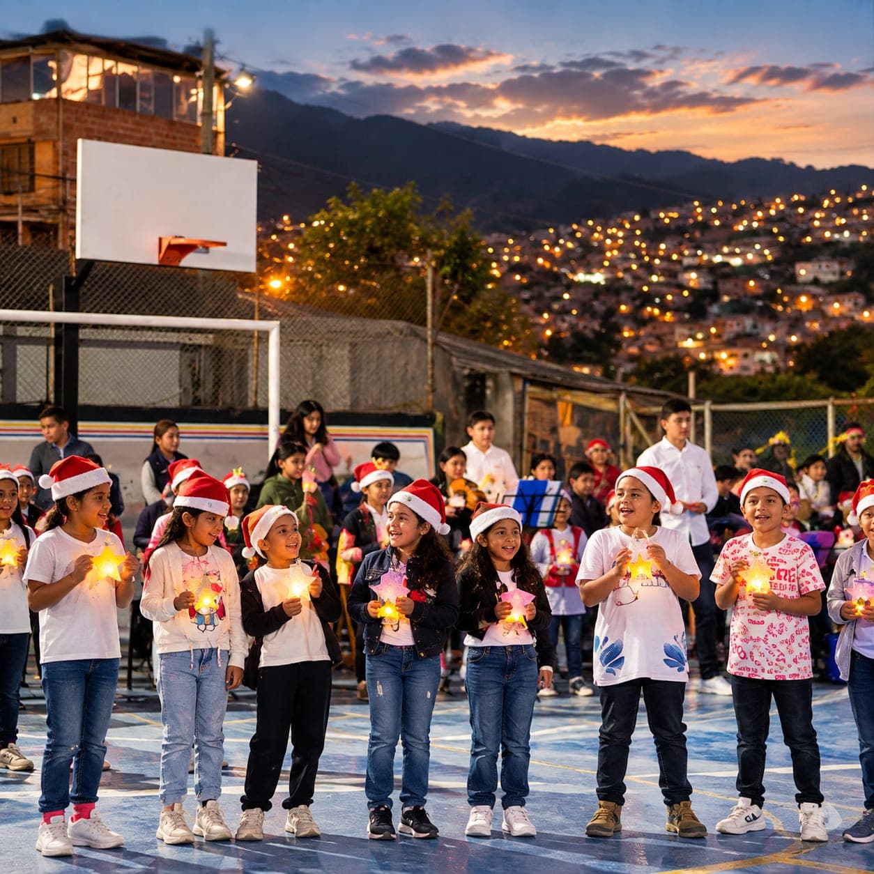 Crianças com gorros natalinos seguram luzes na quadra ao entardecer