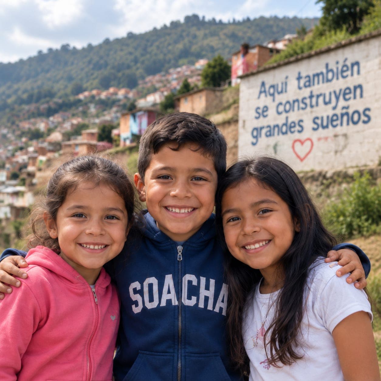 Três crianças sorridentes abraçadas diante de um mural que diz Aquí también se construyen grandes sueños