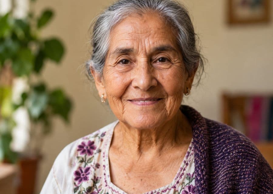 Mujer mayor sonriente con chal morado