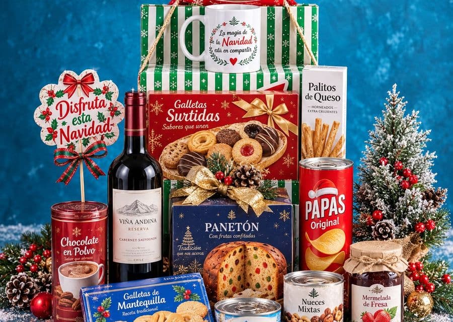 Cesto natalizio aziendale con biscotti, vino e conserve