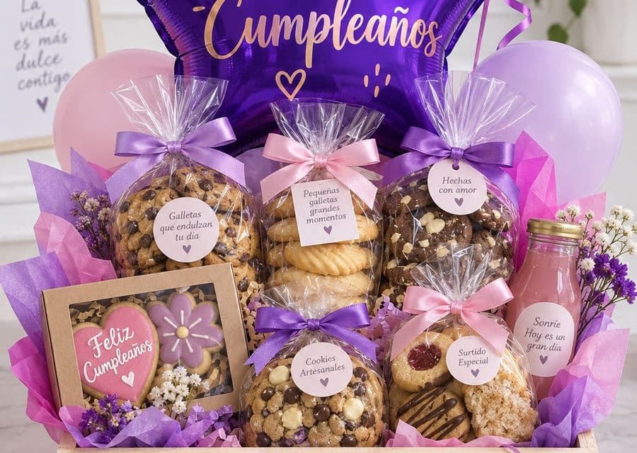 Cesto medio con biscotti, dolci e un palloncino