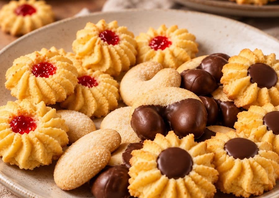 Piatto di biscotti assortiti con marmellata e cioccolato
