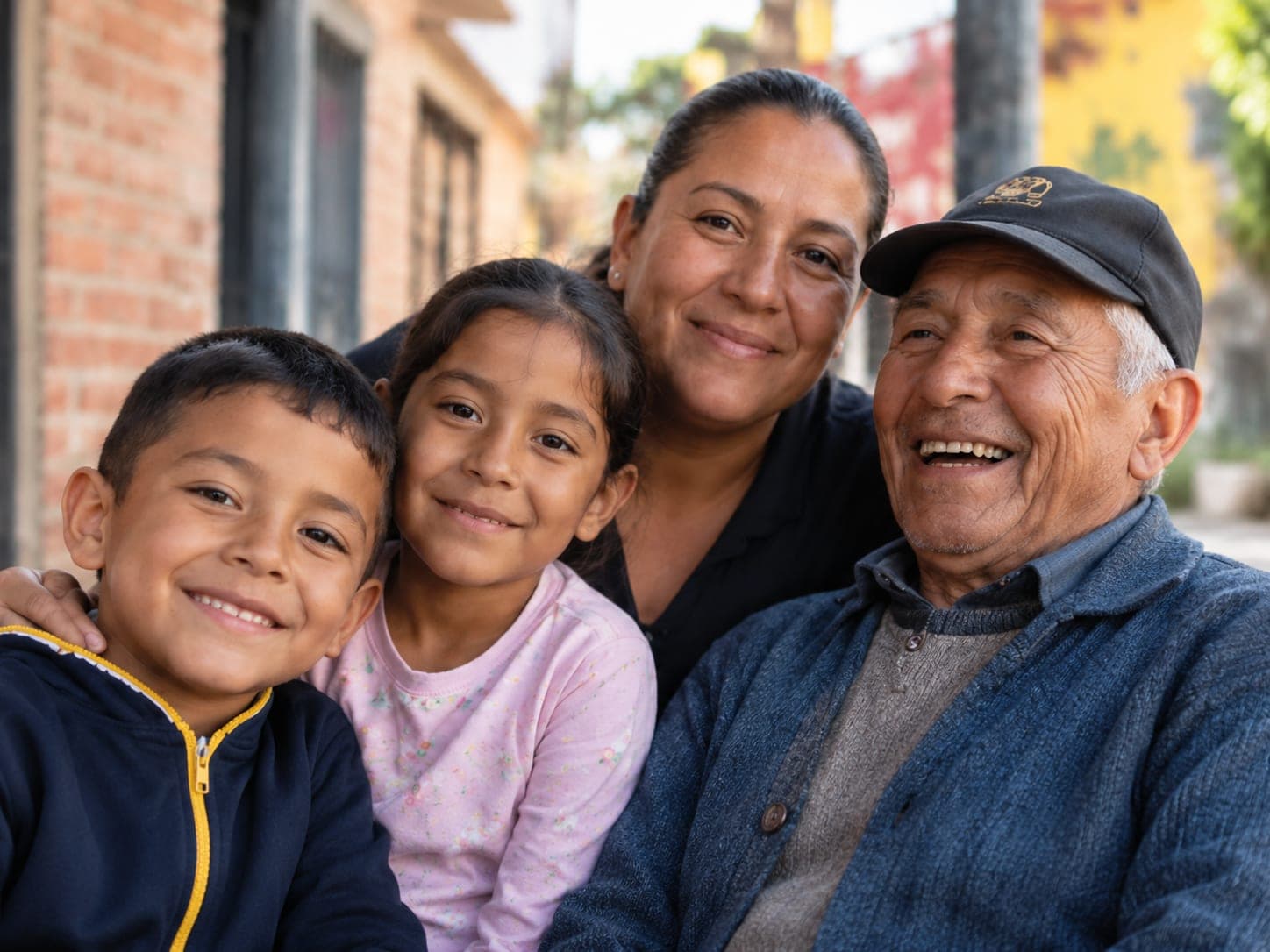 A boy, a girl, a woman and an older man smiling together
