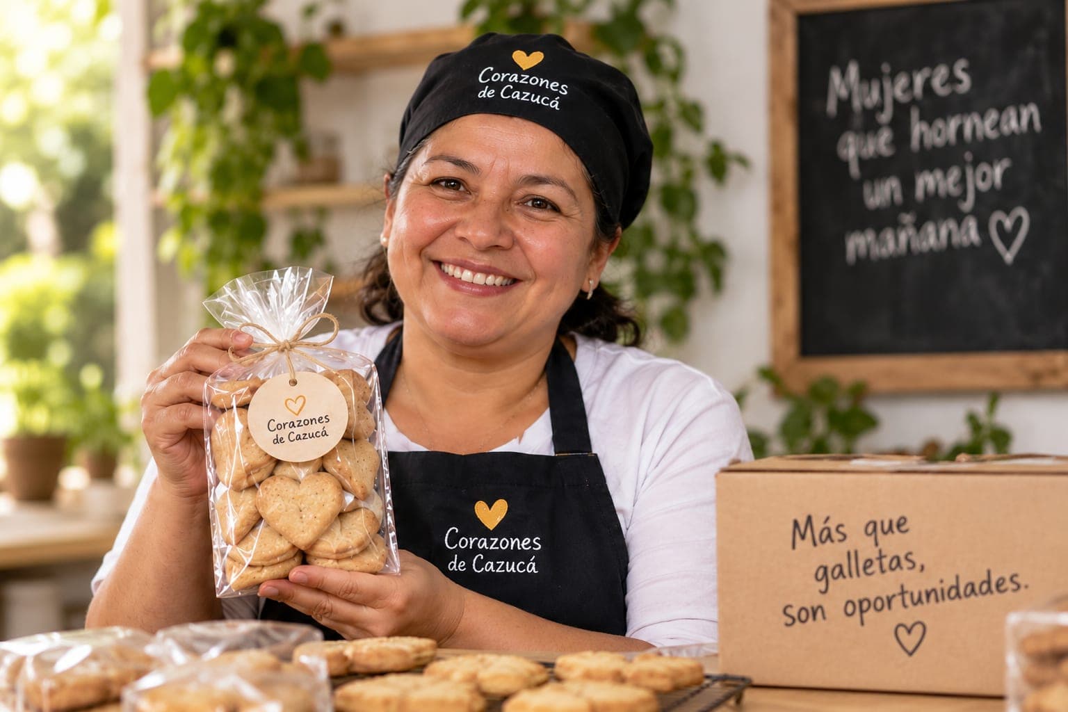 Donna con il grembiule di Corazones de Cazucá tiene in mano un sacchetto di biscotti