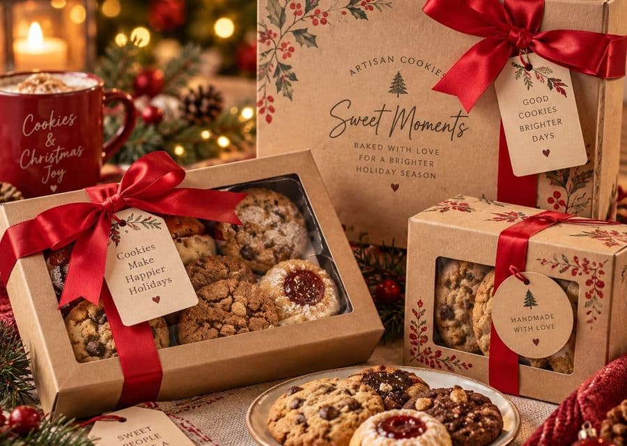 Scatole regalo con biscotti e fiocchi rossi